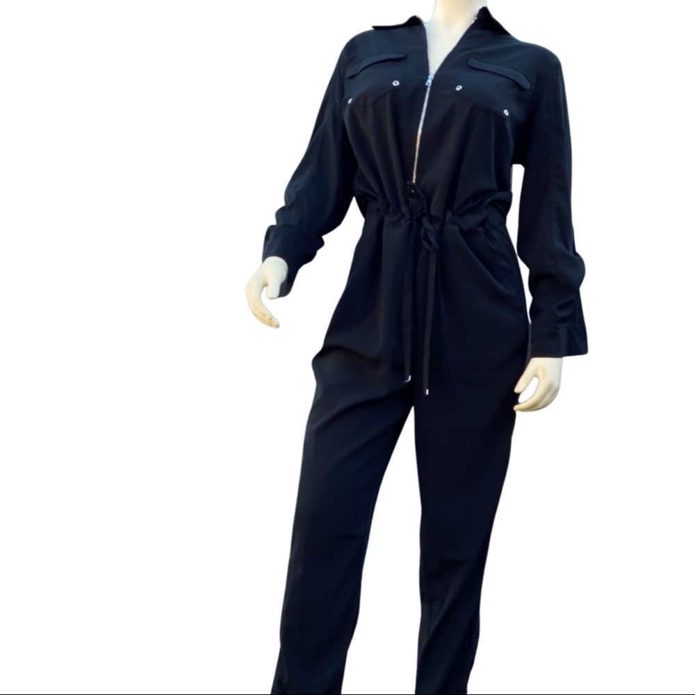 Gabrielle Union x New York & Company black zip-up  jumpsuit with waistline tie